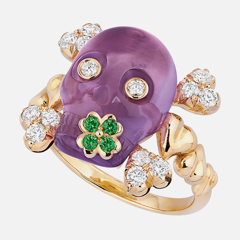 Dior Joaillerie, кольцо Tete de mort, желтое золото, аметист, цавориты, бриллианты